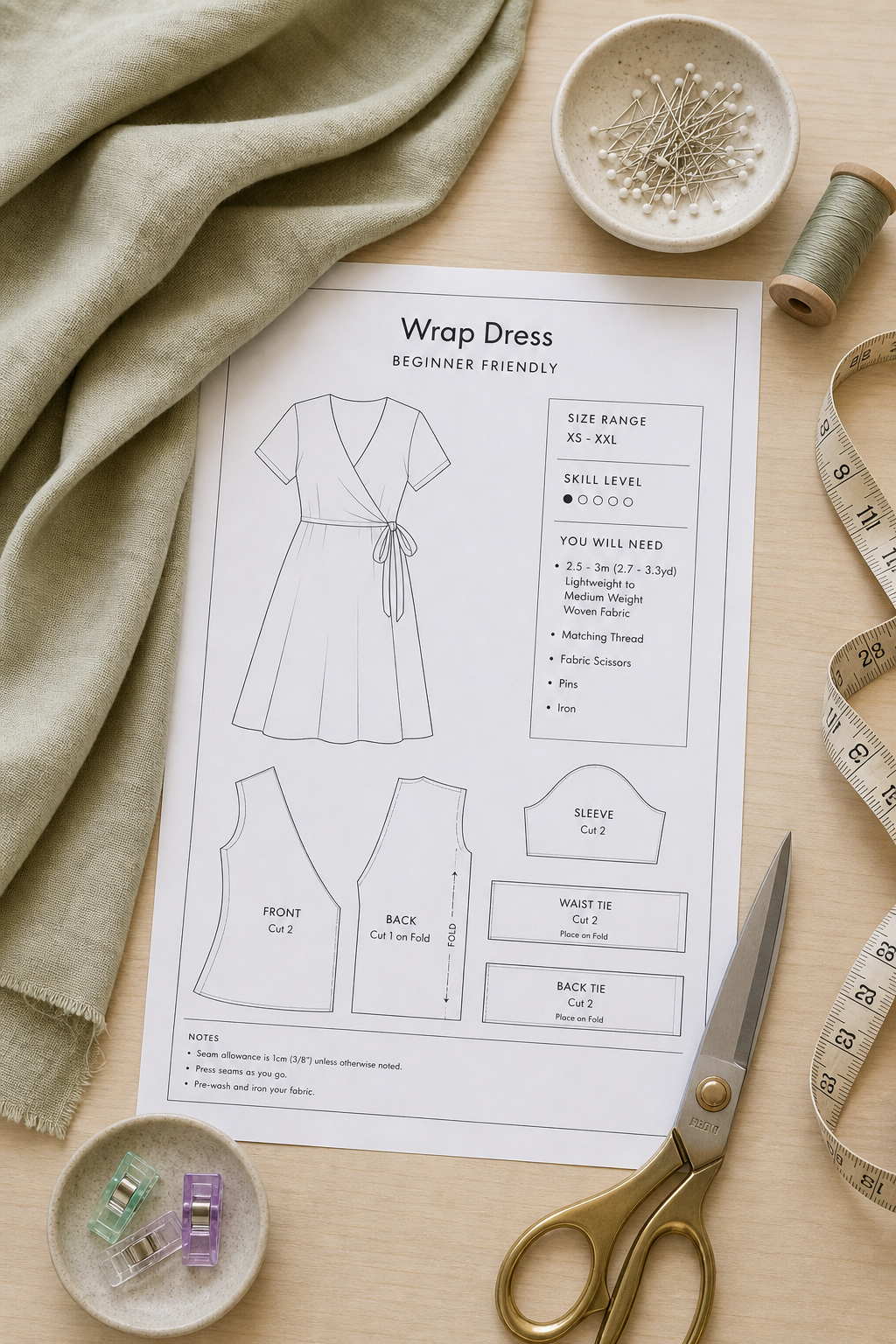 Beginner-friendly wrap dress sewing pattern laid beside linen fabric and dressmaker tools on a clean table