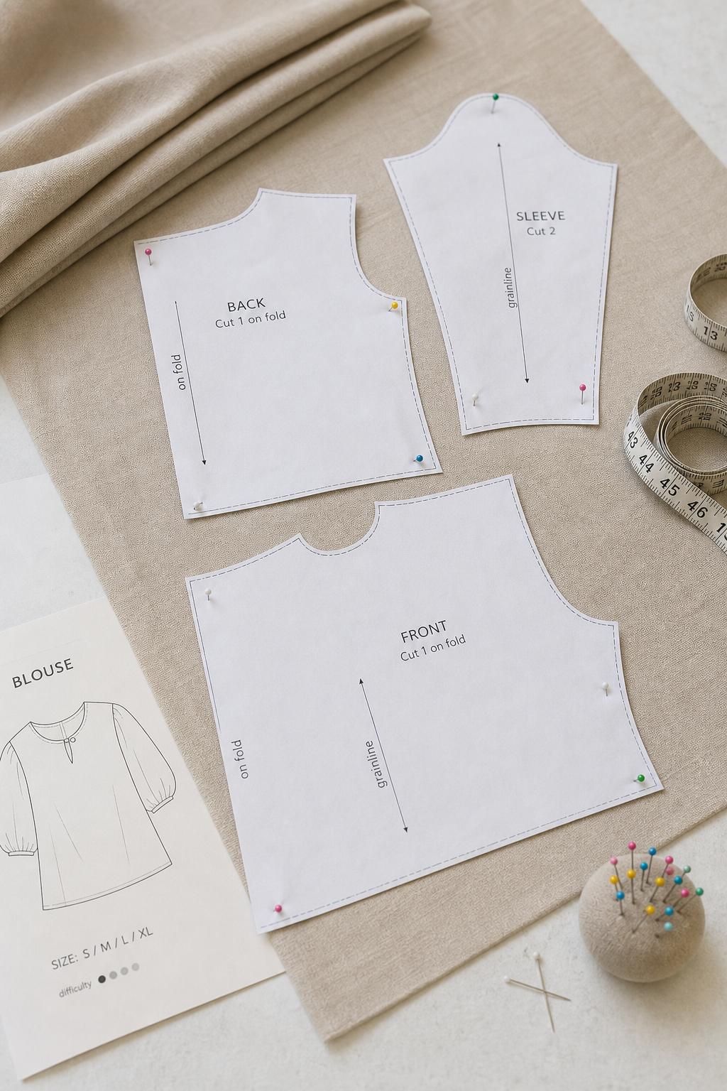 Simple blouse sewing pattern with paper pieces, pins, measuring tape, and neutral cotton fabric in realistic photography