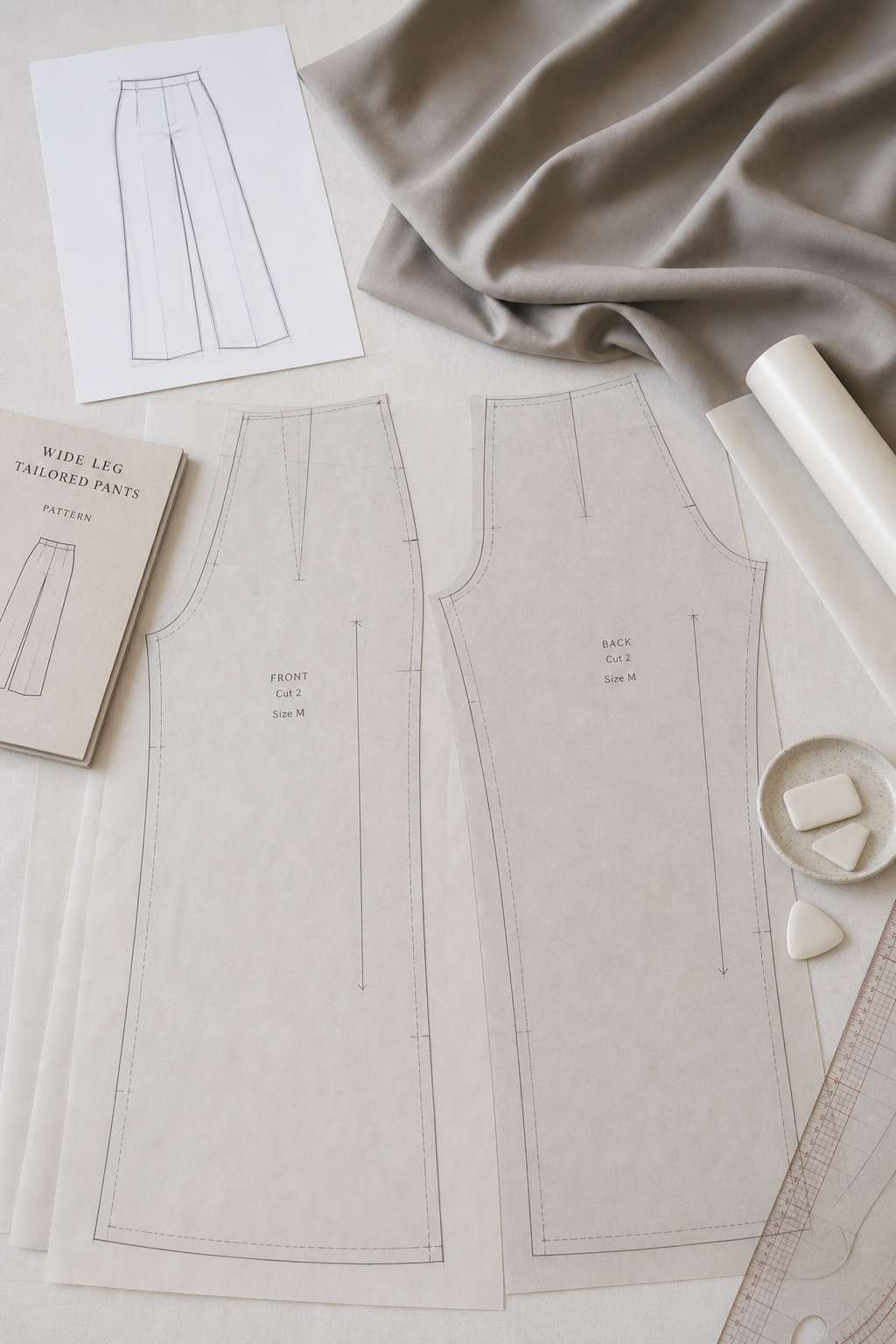 Tailored wide-leg pants sewing pattern with tracing paper, chalk, and soft draping fabric in a minimal workspace