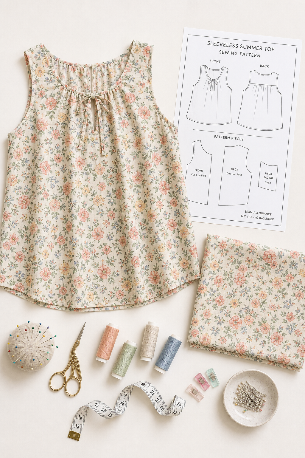 Sleeveless summer top sewing pattern with lightweight floral fabric and sewing supplies on a clean background