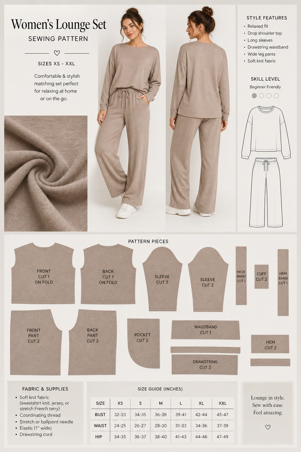 Matching lounge set sewing pattern for women with neatly cut pattern pieces and soft knit fabric