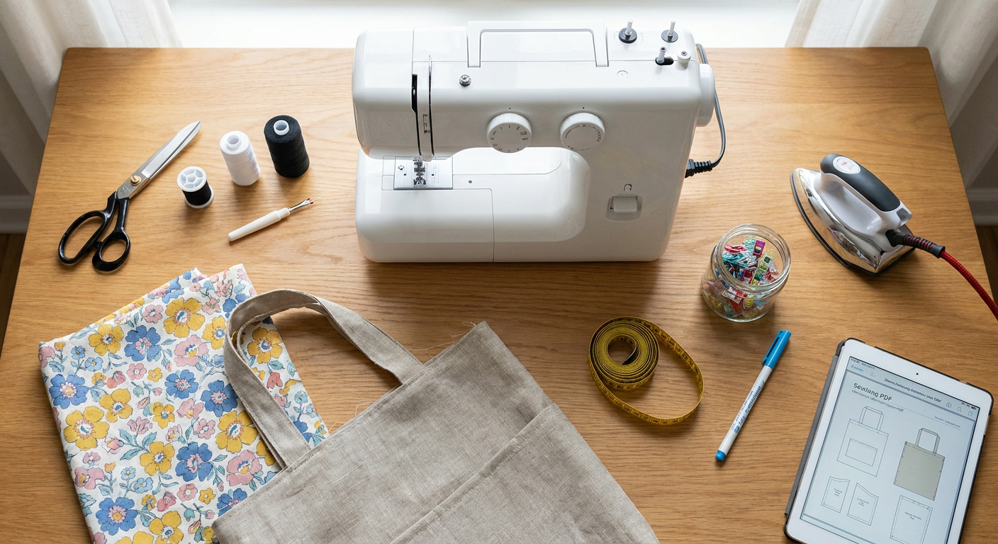 Flat lay of core beginner sewing tools, including a sewing machine, scissors, neutral threads, pins, measuring tape, seam ripper, marking tool, iron, and colorful cotton fabric beside a simple sewing project.