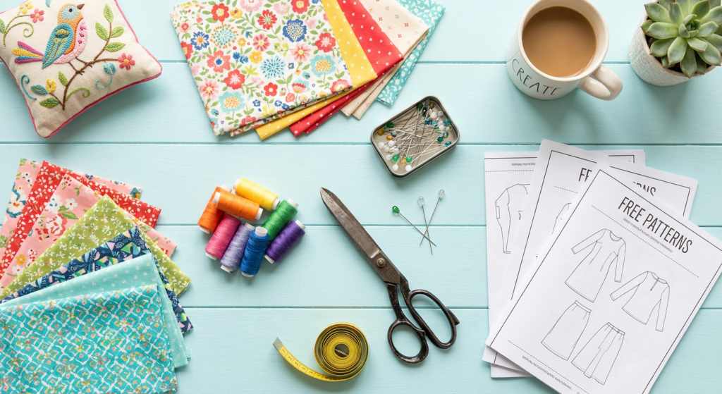 Flat lay of colorful sewing supplies, paper patterns, and a finished sewing project on a bright workspace.