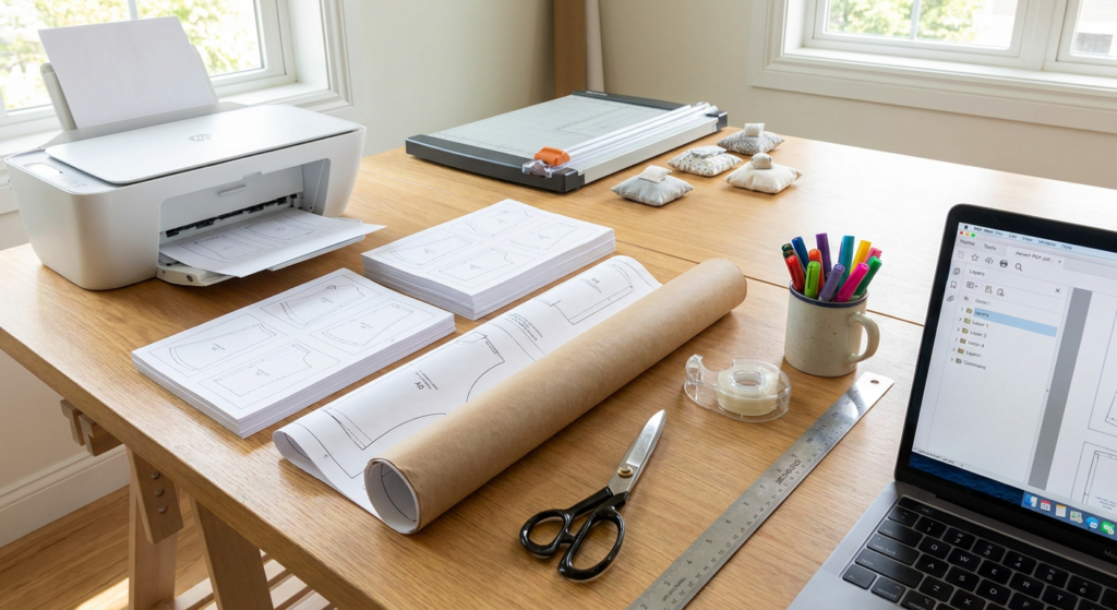 A sewing workspace featuring a home printer, PDF pattern pages, scissors, ruler, tape, pattern weights, and a laptop showing pattern layers.