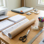 A sewing workspace featuring a home printer, PDF pattern pages, scissors, ruler, tape, pattern weights, and a laptop showing pattern layers.
