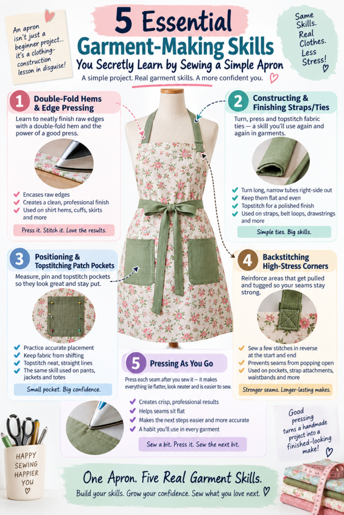 Infographic showing five garment-making skills beginners learn by sewing a simple apron: double-fold hems, straps and ties, patch pockets, backstitching, and pressing.