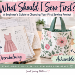 Beginner sewing guide comparing a complex dress pattern with a simple tote bag as an achievable first sewing project.