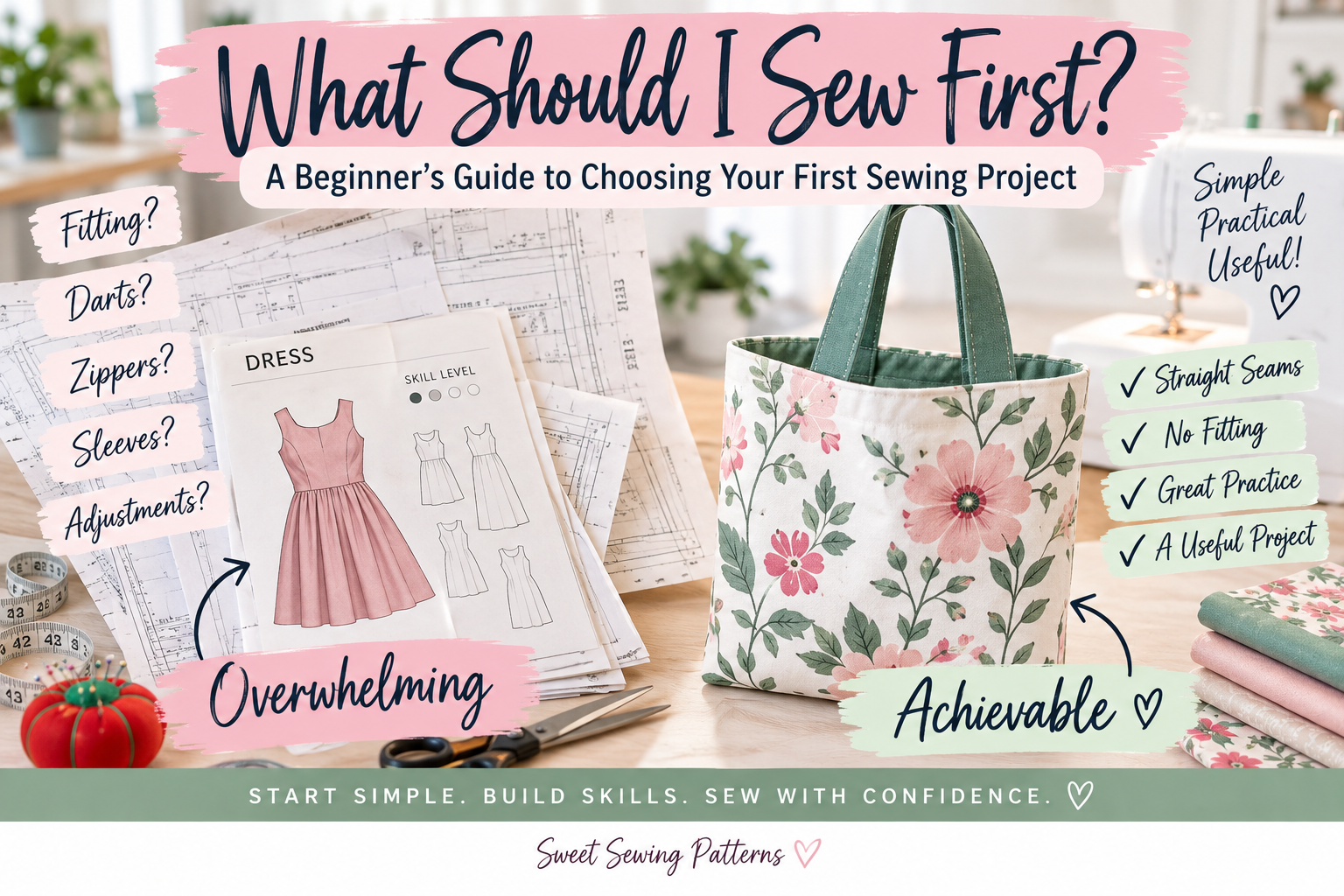 Beginner sewing guide comparing a complex dress pattern with a simple tote bag as an achievable first sewing project.