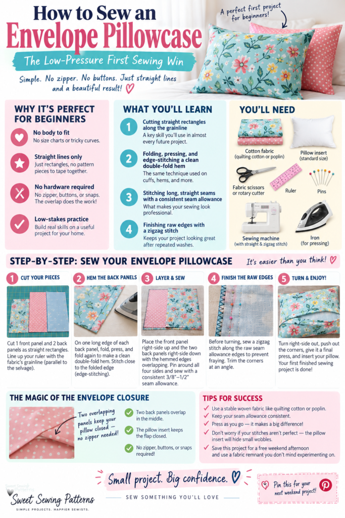 How to sew an envelope pillowcase infographic showing beginner steps for cutting fabric, hemming back panels, sewing straight seams, finishing raw edges, and creating an envelope closure without a zipper.
