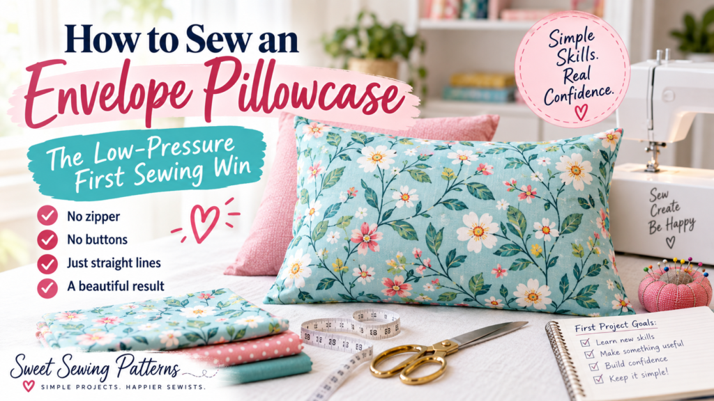 Floral envelope pillowcase beside a sewing machine and fabric with text reading How to Sew an Envelope Pillowcase, a low-pressure first sewing project.