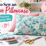 Floral envelope pillowcase beside a sewing machine and fabric with text reading How to Sew an Envelope Pillowcase, a low-pressure first sewing project.