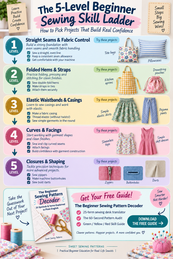 5-level beginner sewing skill ladder infographic showing project progression from straight seams and tote bags to hems, elastic waistbands, curved facings, zippers, buttonholes, and darts.