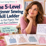 Beginner sewist choosing between tote bag, apron, skirt, and dress patterns using a 5-level sewing skill progression.