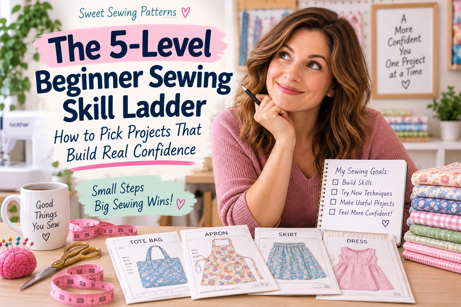 Beginner sewist choosing between tote bag, apron, skirt, and dress patterns using a 5-level sewing skill progression.