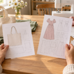Beginner comparing a simple tote bag sewing pattern with a more complex dress pattern before choosing a first sewing project.