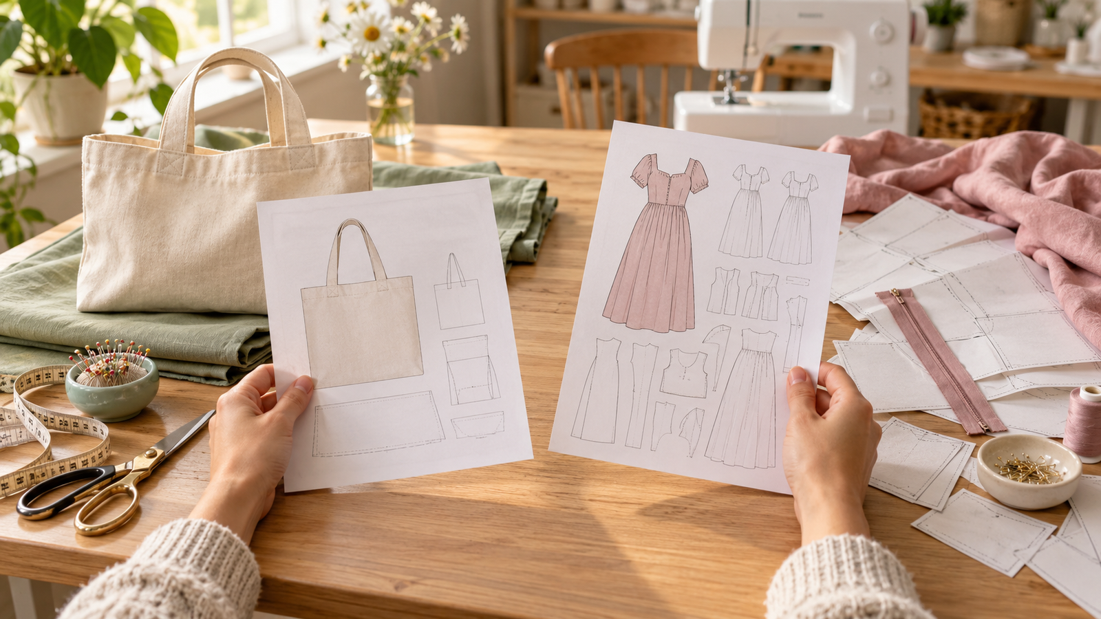 Beginner comparing a simple tote bag sewing pattern with a more complex dress pattern before choosing a first sewing project.