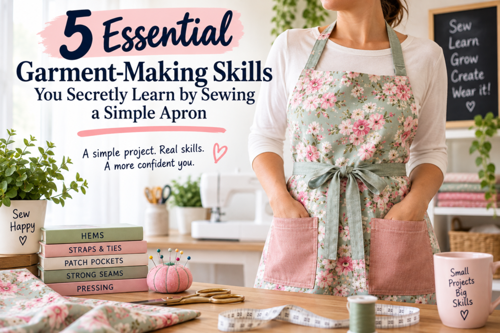 Woman wearing a handmade floral apron with patch pockets in a sewing room, illustrating essential garment-making skills for beginner sewists.