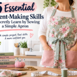 Woman wearing a handmade floral apron with patch pockets in a sewing room, illustrating essential garment-making skills for beginner sewists.