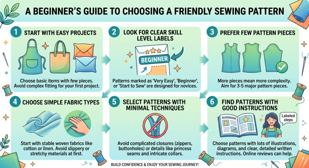 Infographic showing 6 tips for choosing a beginner-friendly sewing pattern, including easy projects, skill level, pattern pieces, fabric, techniques, and instructions.
