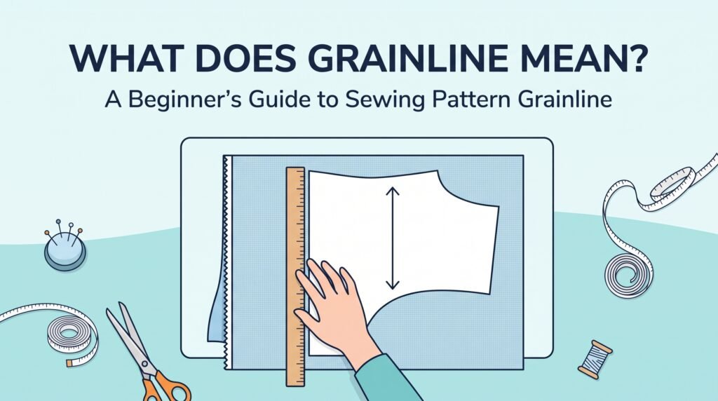 Sewing pattern piece showing the grainline arrow parallel to the fabric selvage for correct pattern placement.