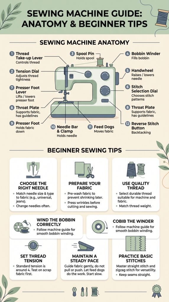 A vertical, minimalist infographic in cream, sage green, and slate blue featuring a labeled sewing machine diagram at the top and seven beginner sewing tip cards with icons below.