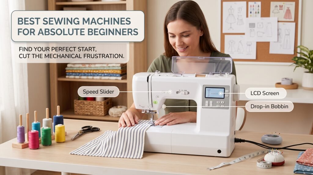 A woman sewing striped fabric on a beginner-friendly computerized sewing machine with callouts highlighting the speed slider, drop-in bobbin, and LCD screen.
