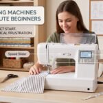 A woman sewing striped fabric on a beginner-friendly computerized sewing machine with callouts highlighting the speed slider, drop-in bobbin, and LCD screen.