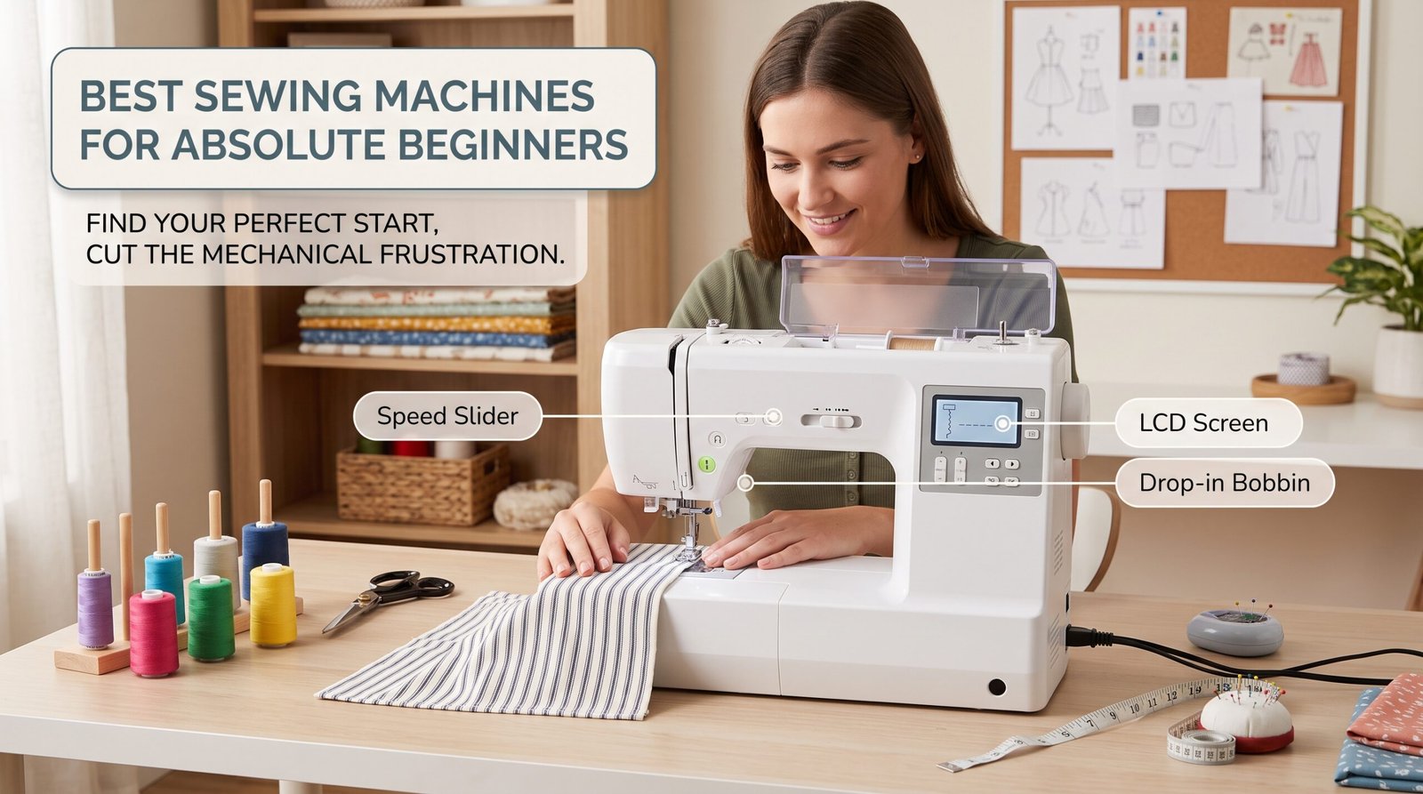 A woman sewing striped fabric on a beginner-friendly computerized sewing machine with callouts highlighting the speed slider, drop-in bobbin, and LCD screen.