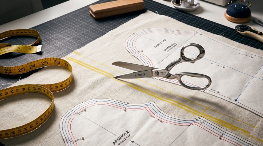Top-down overhead view of stainless steel fabric shears frozen mid-cut, hovering suspended above textured cream linen fabric with tailor’s chalk marks, pinned paper sewing pattern pieces with grading lines, and a yellow measuring tape on a workshop cutting table.