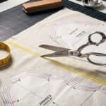 Top-down overhead view of stainless steel fabric shears frozen mid-cut, hovering suspended above textured cream linen fabric with tailor’s chalk marks, pinned paper sewing pattern pieces with grading lines, and a yellow measuring tape on a workshop cutting table.