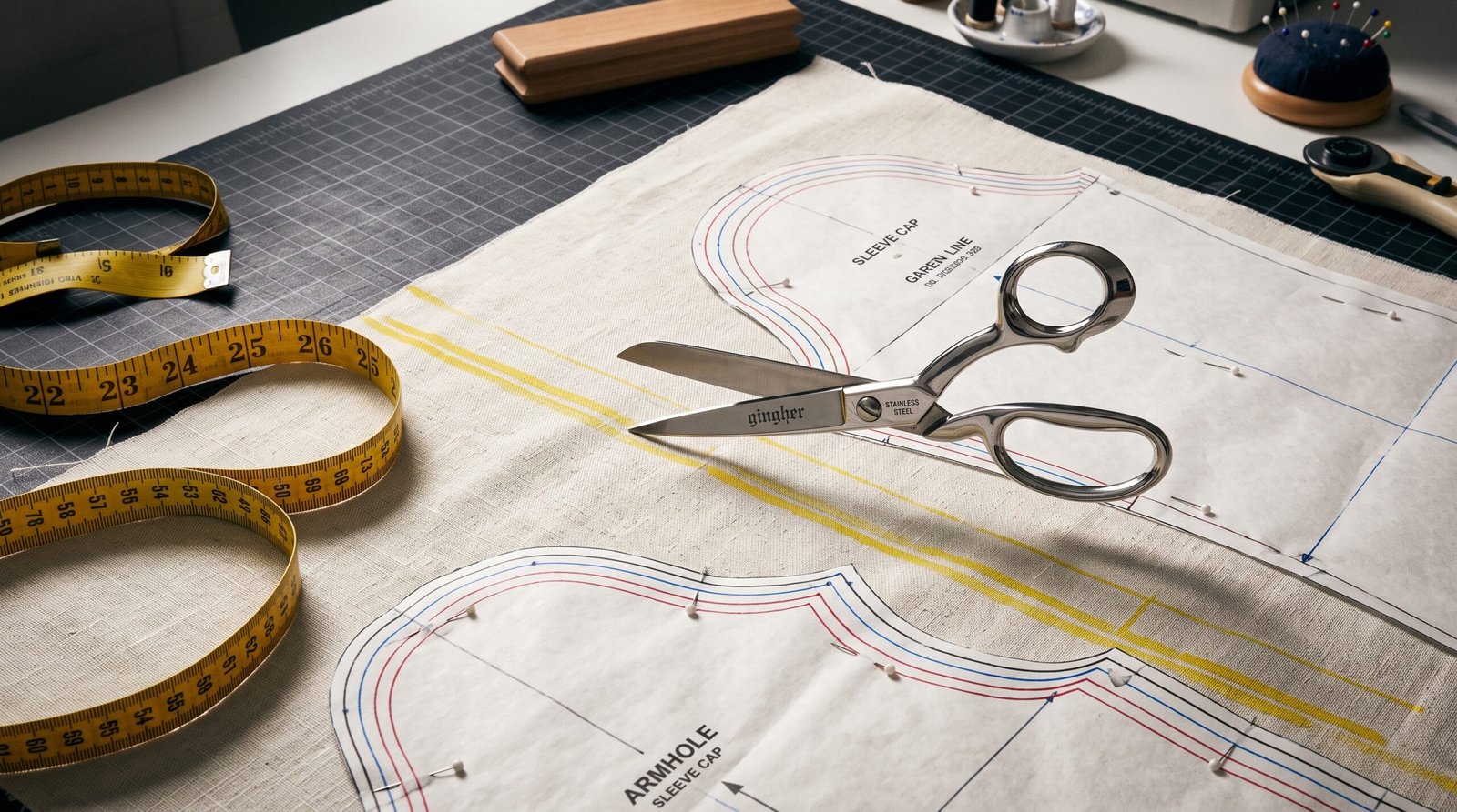 Top-down overhead view of stainless steel fabric shears frozen mid-cut, hovering suspended above textured cream linen fabric with tailor’s chalk marks, pinned paper sewing pattern pieces with grading lines, and a yellow measuring tape on a workshop cutting table.