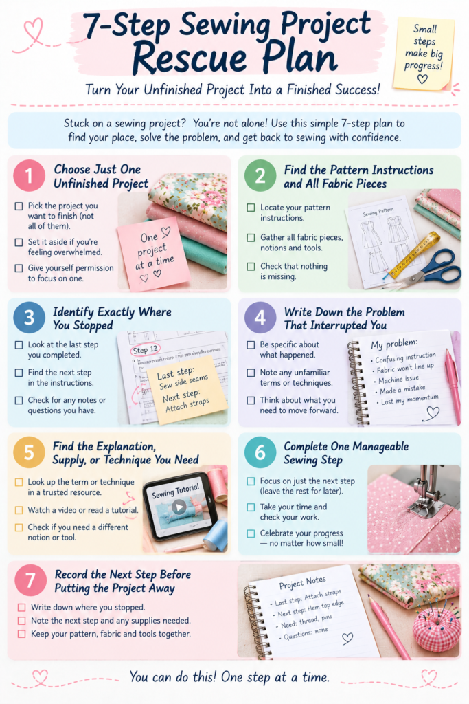 Sewing Project Rescue 7-Step Checklist infographic showing beginners how to restart unfinished sewing projects by finding instructions, identifying problems, fixing mistakes, completing small steps, and tracking progress.