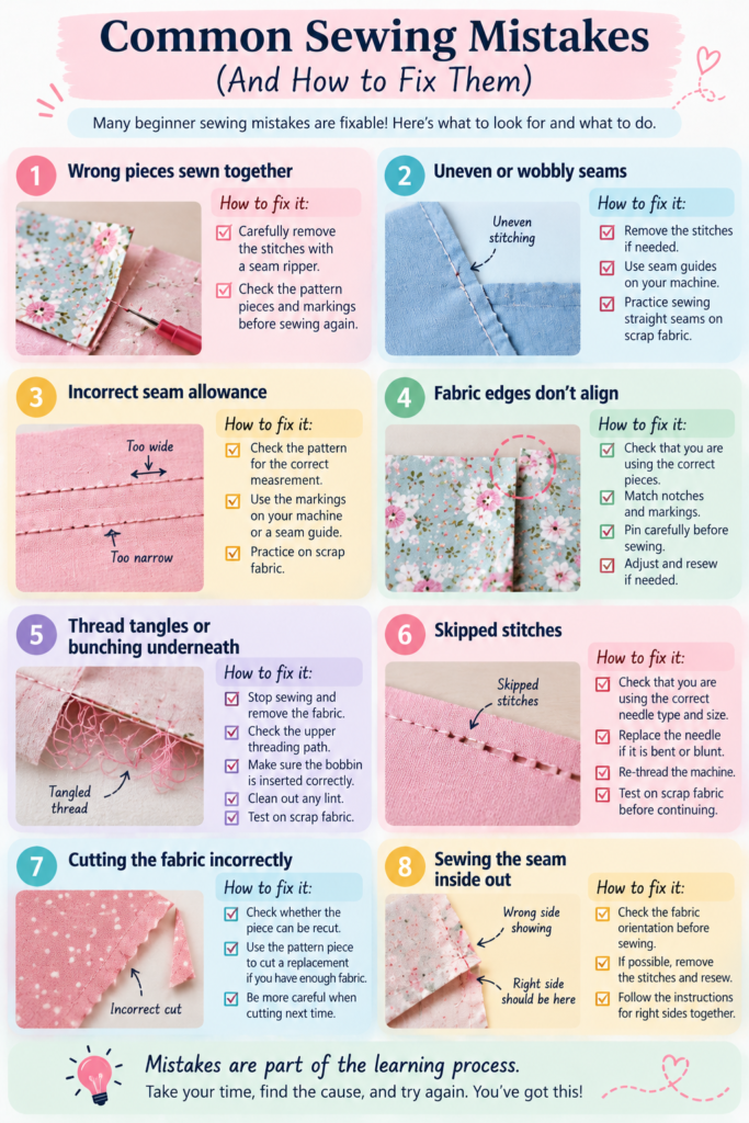 Infographic showing 8 common beginner sewing mistakes and how to fix them, including uneven seams, incorrect seam allowances, misaligned fabric, tangled thread, skipped stitches, cutting errors, and sewing pieces incorrectly.