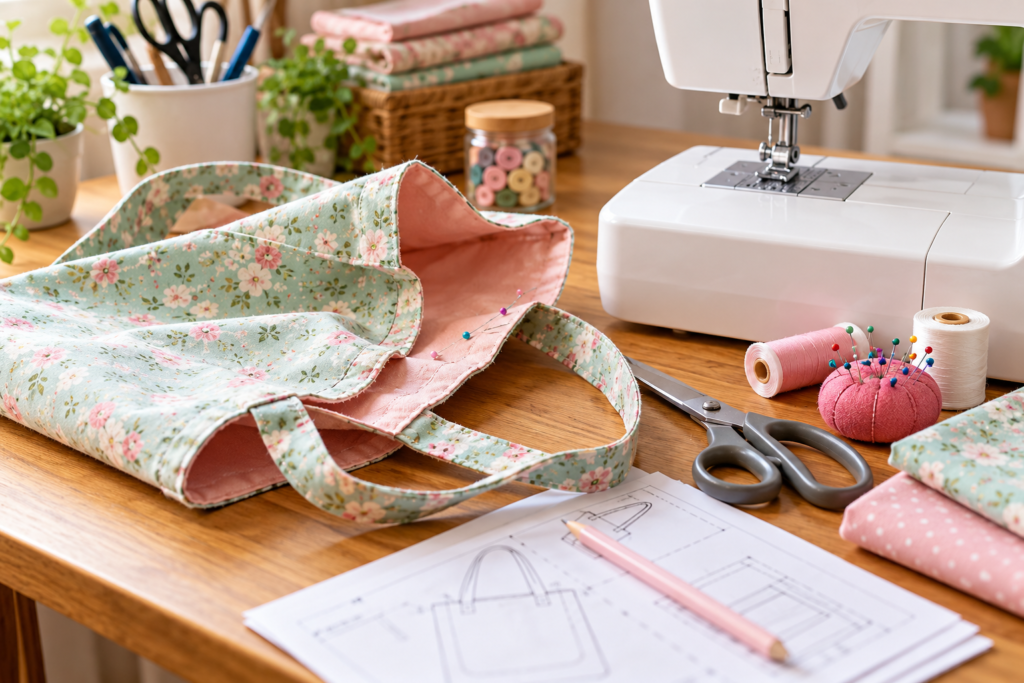 Unfinished floral tote bag sewing project with pinned fabric, scissors, thread, and sewing patterns beside a sewing machine on a beginner's workspace.