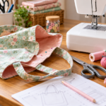 Unfinished floral tote bag sewing project with pinned fabric, scissors, thread, and sewing patterns beside a sewing machine on a beginner's workspace.