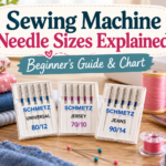 Sewing machine needle sizes explained with Universal 80/12, Jersey 70/10, and Jeans 90/14 needle packs beside colorful fabrics and sewing supplies.